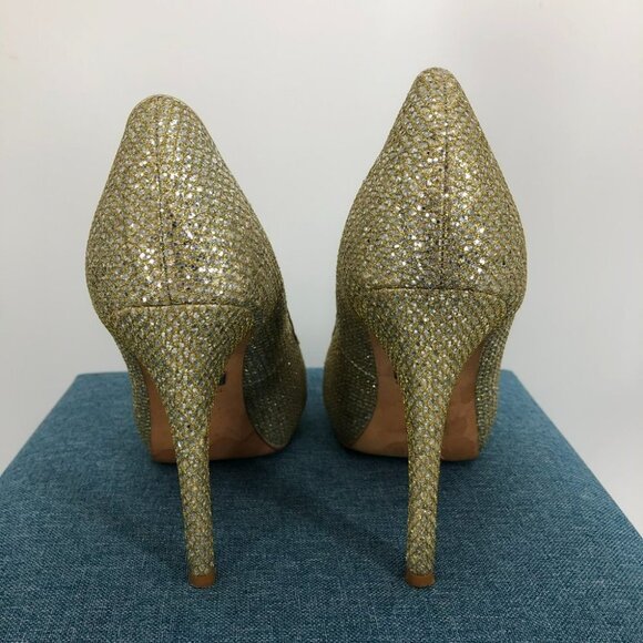 Badgely Mischka Gold Glitter Humbie II Peep Toe Platform Evening Pumps 7.5L & 8R - Picture 5 of 14